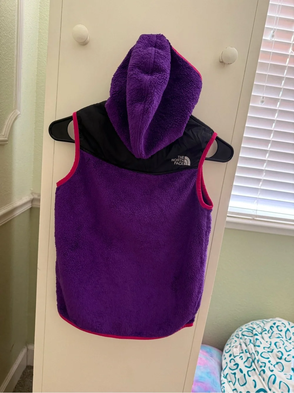 The North Face Purple Sherpa Hooded Vest with Pink Trim